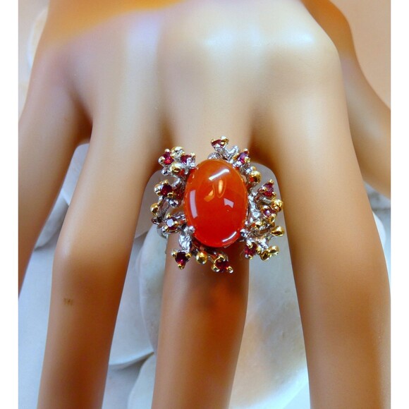 Natural Carnelian Rhodolite Garnet Sterling Silver Gold Ring Size 7 - Picture 7 of 8